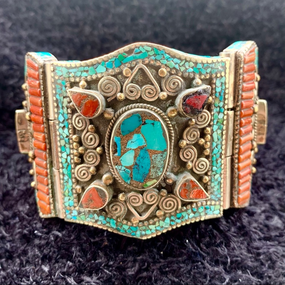Vintage Turquoise & Coral African Silver Bracelet
